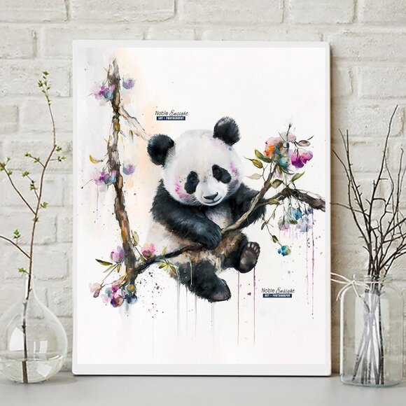 20x30 Baby Panda in a Tree Floral Watercolor Oil Painting Art Print - Picture 7 of 8